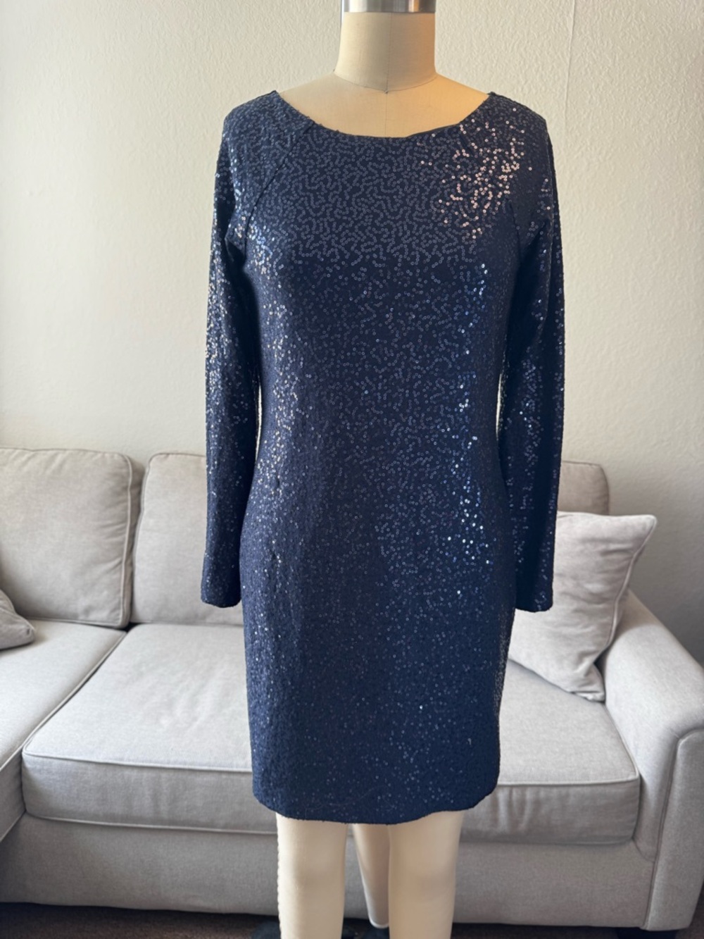 Tibi Navy Sequin Long Sleeve Shift Dress